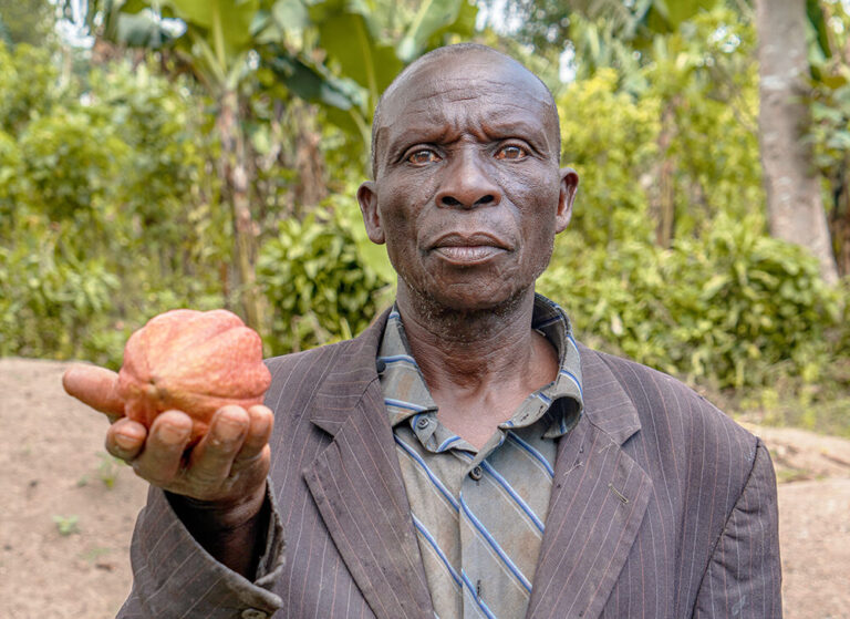 Farmer holding cocoa. Source: Latitude