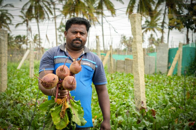 Agricultor sosteniendo su cosecha. Fuente: Origin Fresh